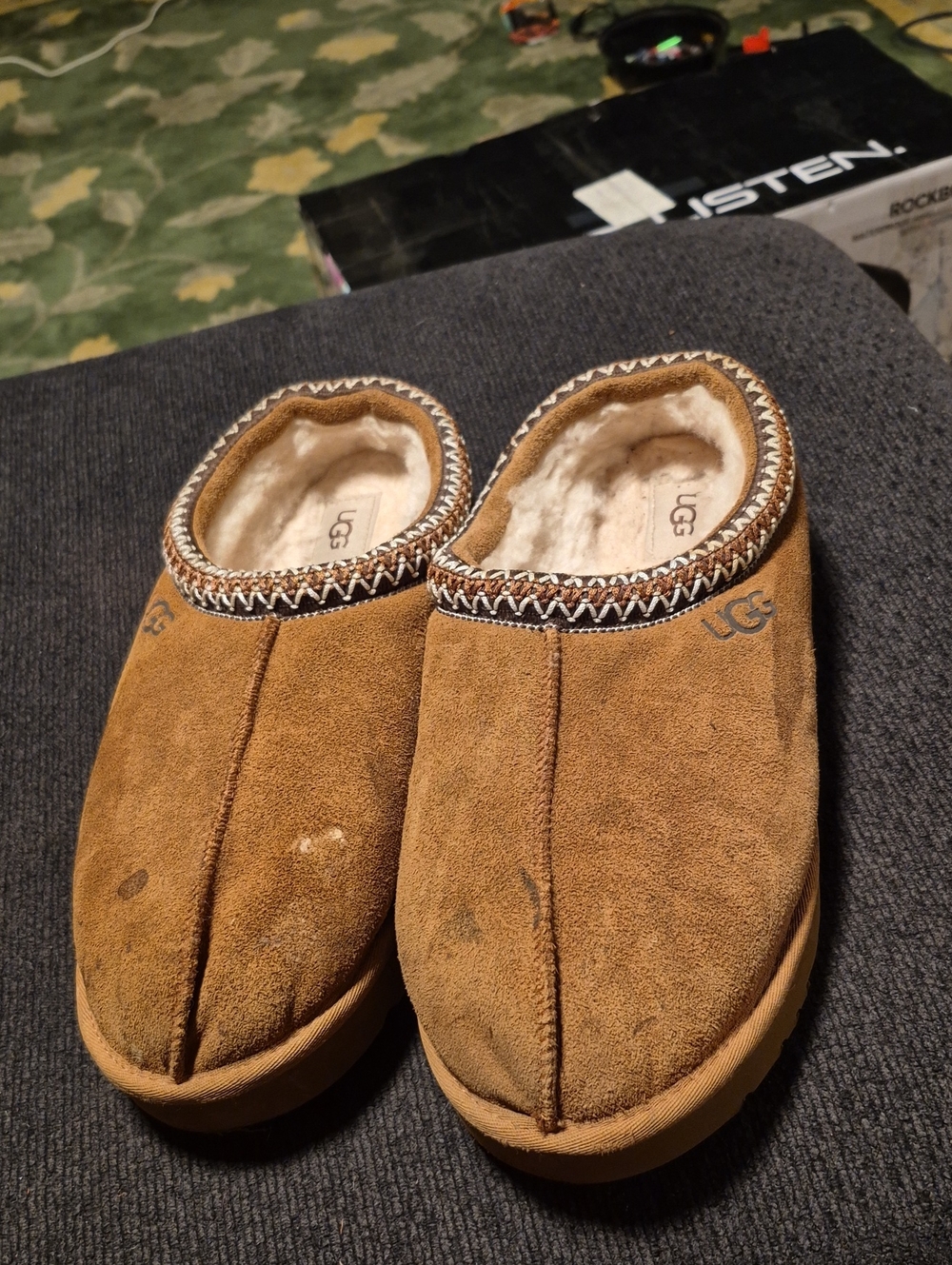 UGG Men's Chestnut Brown Suede Shearling Slip-On Slippers